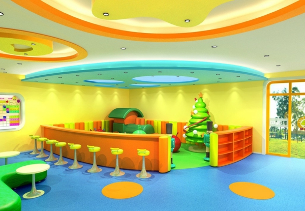 幼儿园内，超现代的接收功能于绿色橙色和黄色