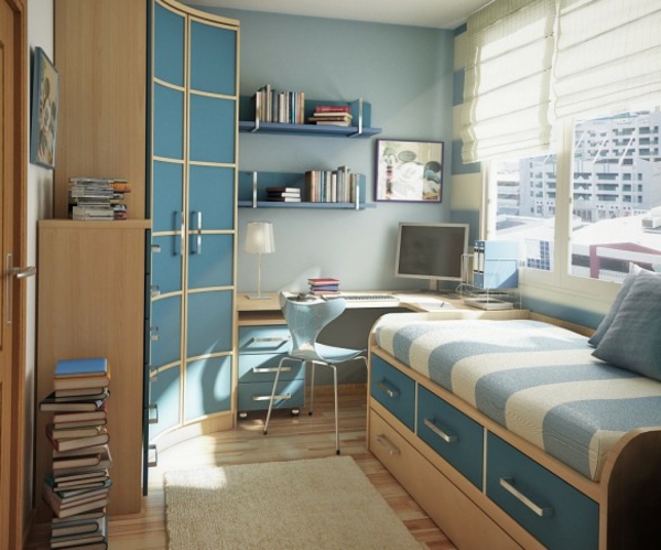 蓝色和ockra颜色的孩子房间