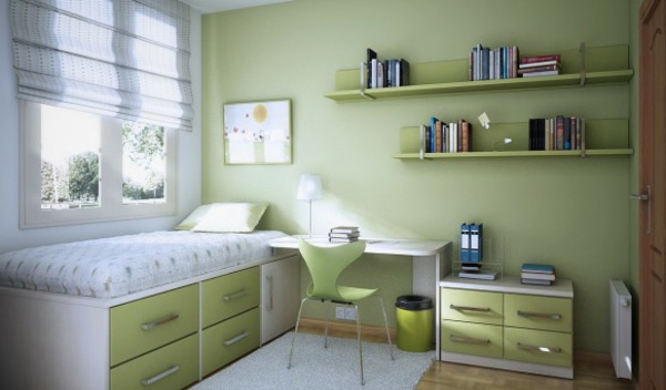 书桌白色床上用品和孩子房间的绿色墙面漆