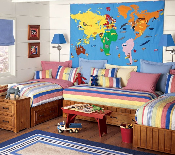 ילד, חדר, צבעוני, חדר, משאית, צעצוע, צבעוני, שמיכות, מיטה, עולם, מפה, עצב, עצמך