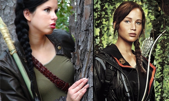 Katniss Everdeen - बचपन नायकों वेशभूषा बदलने के लिए लेदर जैकेट और हरे ब्लाउज