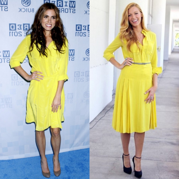 衣服时髦的模型，在黄色色夏季​​裙装