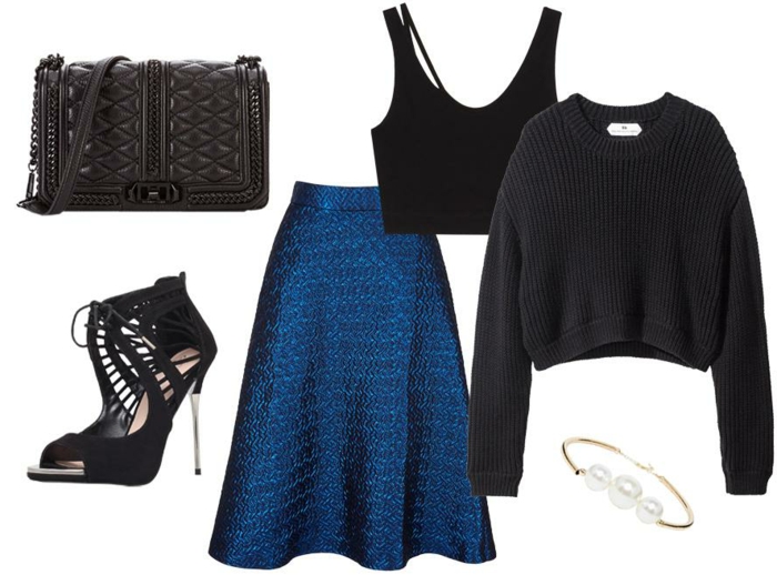 código de vestimenta verano festivo negro y azul azul vestido negro suéter bolsa zapatos de tacón alto