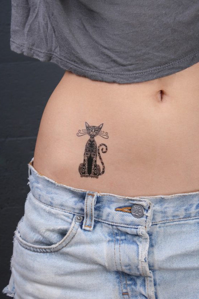 tatuointipohjat naisten tarkkuus maalattu kissa vatsaan keinotekoinen tatuointi kissa eläinten farkut paita