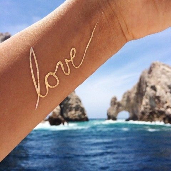 tatuointi malleja naiset rakastavat kultainen kynä kirjoittaa tatuointi käsivarsi meren harmonia romantiikkaa