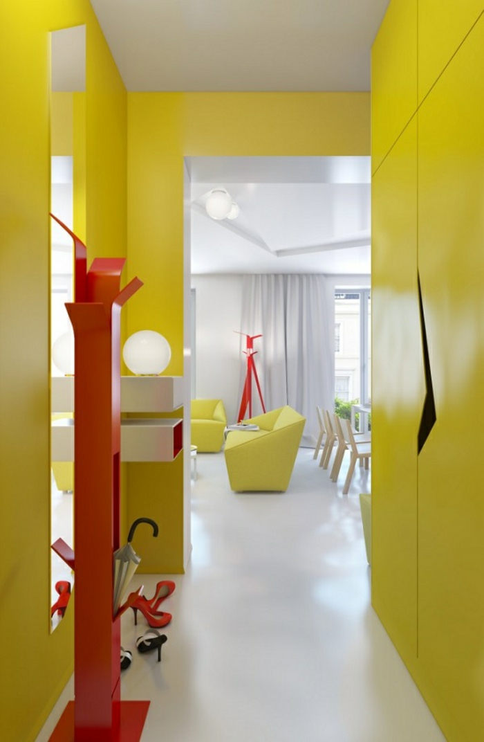 μικρού διαδρόμου-set-κίτρινο-τοίχους-κόκκινο-ντουλάπα
