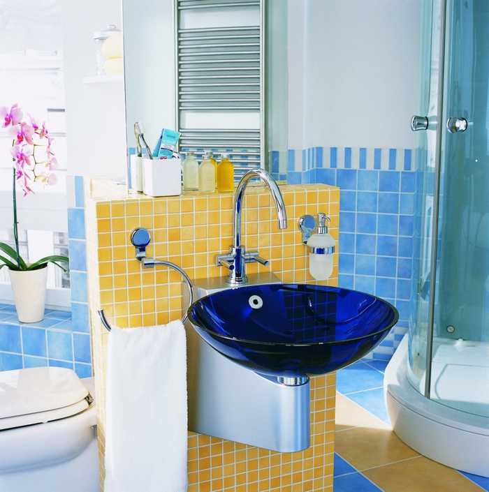 ताजा बाथरूम डिजाइन पीले-नीले गुलाबी ऑर्किड