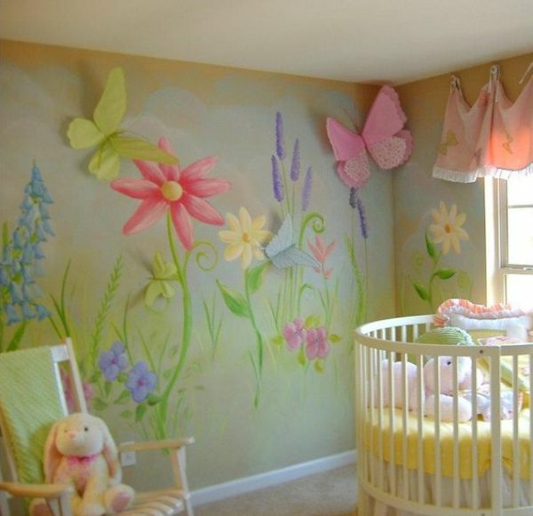 छोटे babyroom-साथ एक राउंड खाट और सुंदर-wandgestaltung- फूल आंकड़े