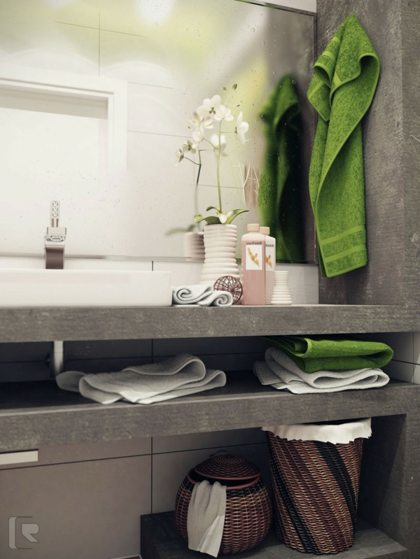 חדר אמבטיה קטן - רעיון - עיצוב מודרני - פרחים דקורטיביים ומטלית ירוקה