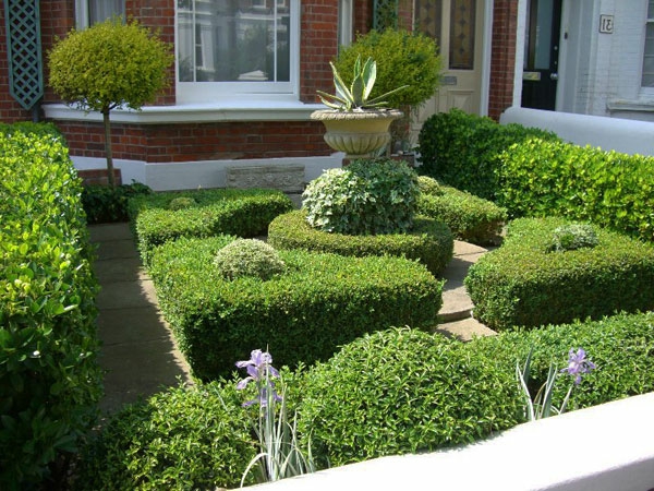 kaunis talo puutarha - vihreät kasvit ja skulprur kivi