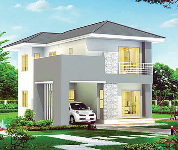 small-house-build-gray-facade - con un auto blanco en el garaje