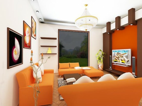 超现代的小型现代客厅橙色玻璃墙
