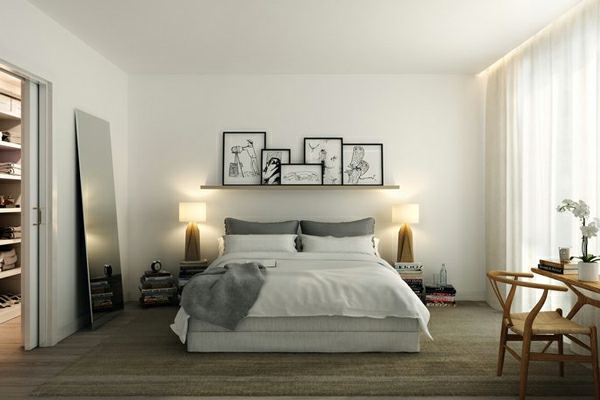 pieni makuuhuoneen-set-kaksi-lamppuja-ja-kuvia-of-the-wall