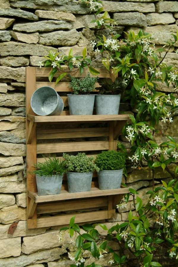 Krauter-बालकनी-पौधे-दीवार शेल्फ लकड़ी छोटे धातु बाल्टी