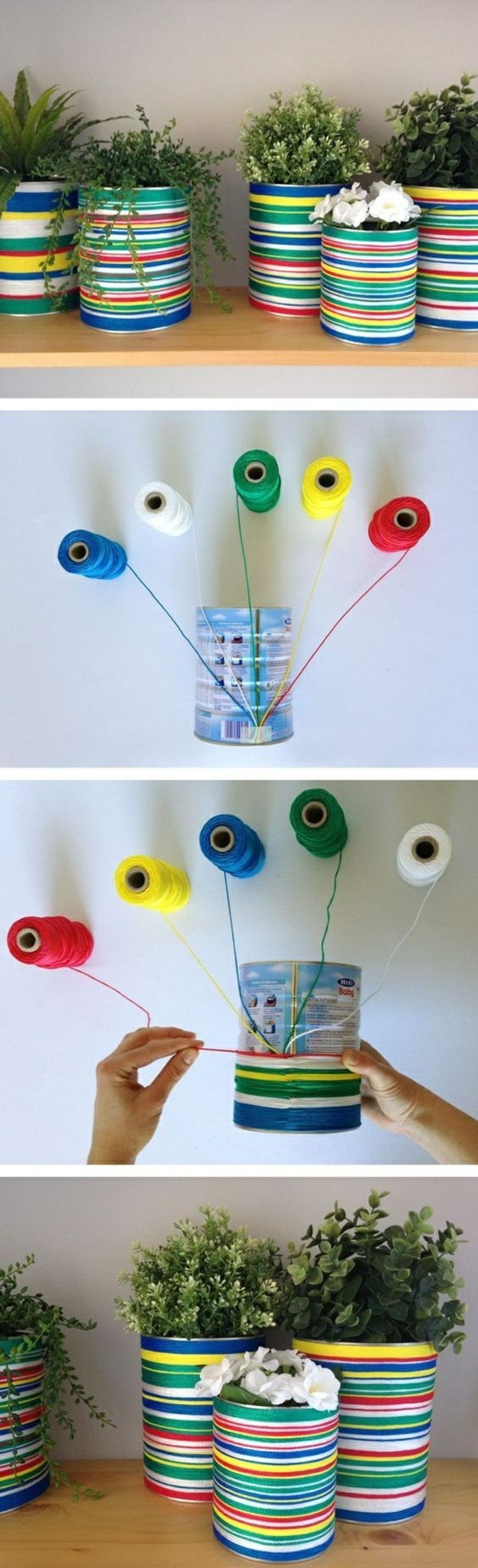रचनात्मक शिल्प-विचारों-बर्तन बंद टिन के डिब्बे धागा-इन-अलग-रंग