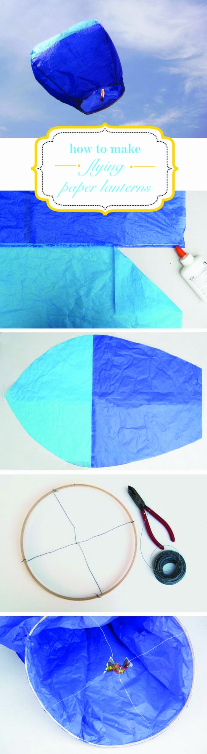 crea tu propia linterna voladora con papel azul, alicates, hilo