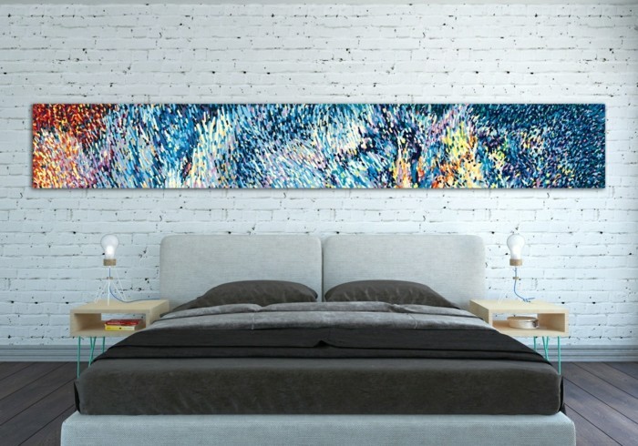 toile art-xxl-chambre-lit double-nachttischausholz-bois mur sol en pierre