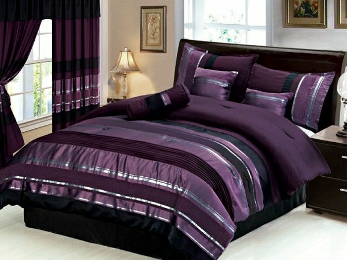 dormitorio cortinas de lino de color púrpura y elegante