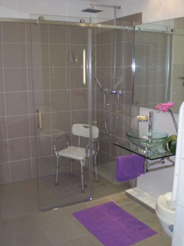 紫色地毯的卫浴-与-A-步入式淋浴超现代化