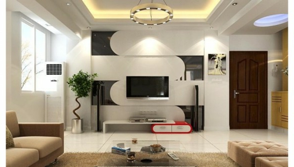 客厅设置 - 白墙设计和led照明