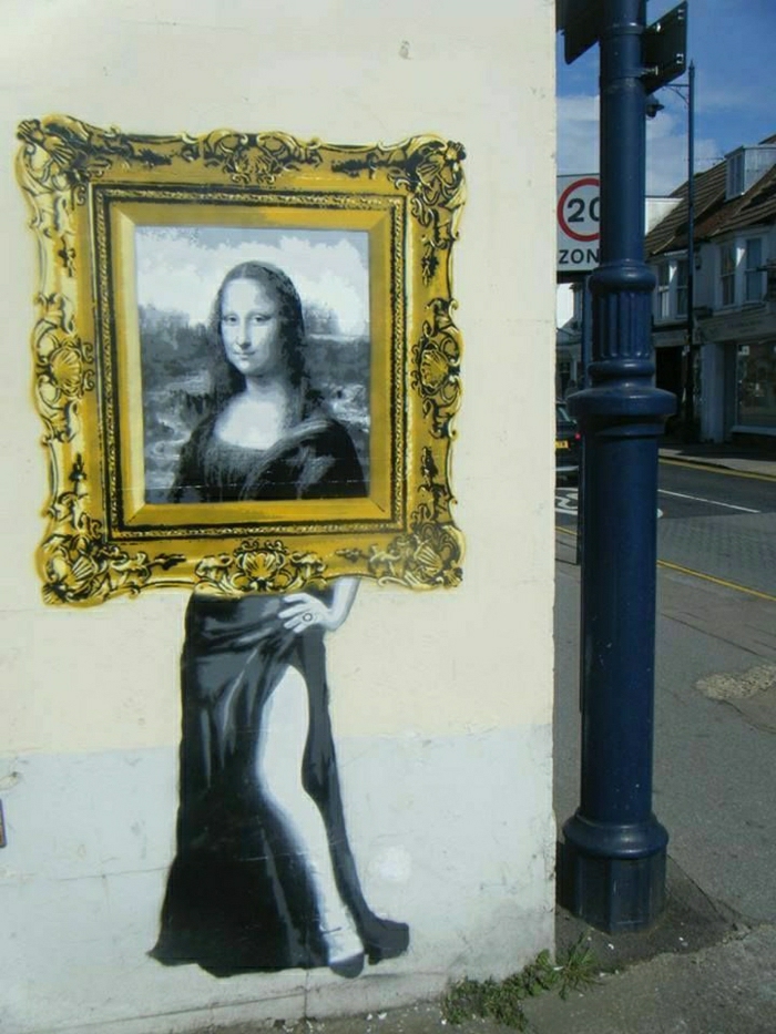 divertido Graffiti Mona Lisa dibujo marco de oro
