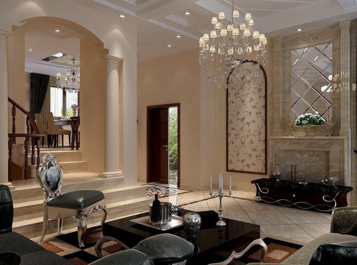 豪华客厅优雅，枝形吊灯，黑色carpet-