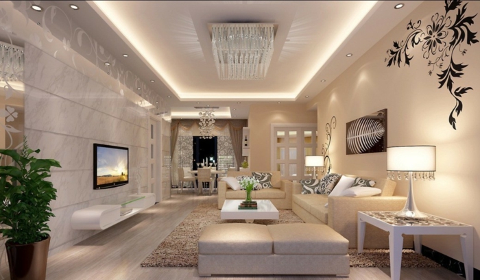 luxe-salon-plafond moderne éclairage