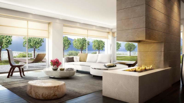豪华客厅，现代的设计的玻璃墙
