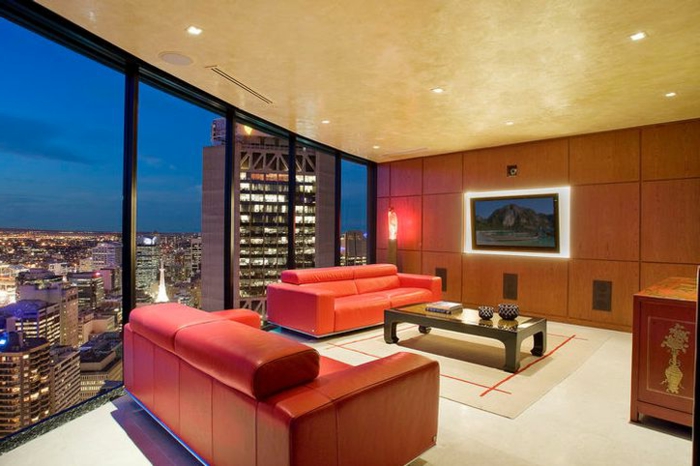 豪华客厅沙发红色玻璃，墙壁