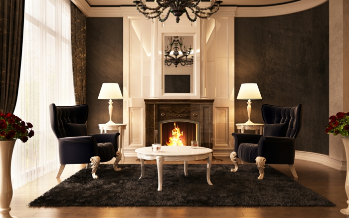 luxe-salon-deux lampes modernes et une cheminée
