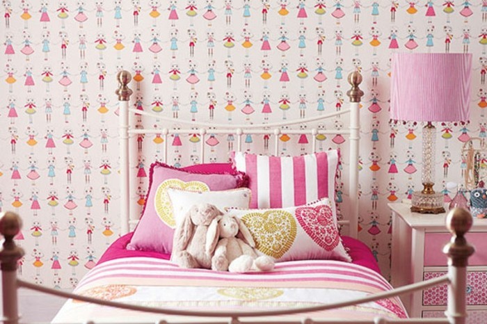 κορίτσι-ταπετσαρία-in-madchenzimmer Rosy κρεβάτι-και-ροζ-λάμπα