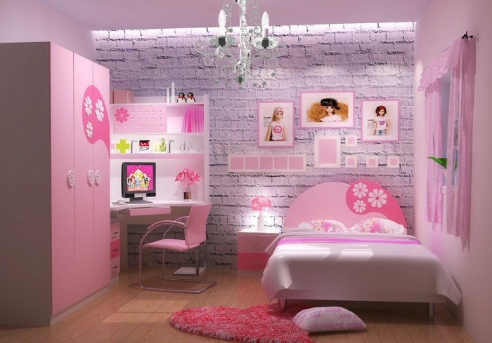 लड़कियों के शयन कक्ष फर्नीचर-बहुत-अच्छा-बिस्तर और गुलाबी दीवार डिजाइन