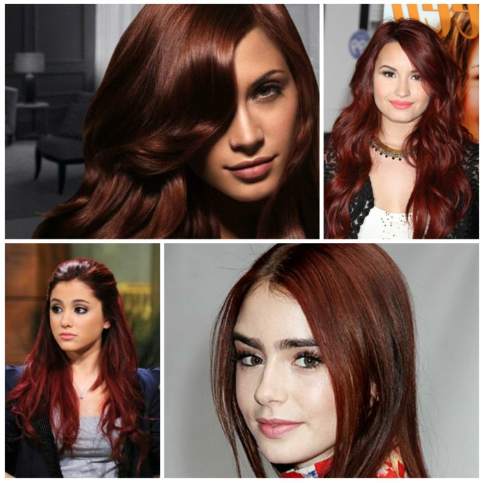 Collage de fotos de cuatro imágenes: marrón caramelo con ojos verdes, marrón rojizo con ojos negros, cabello rojo con ojos negros, cabello castaño con ojos verdes