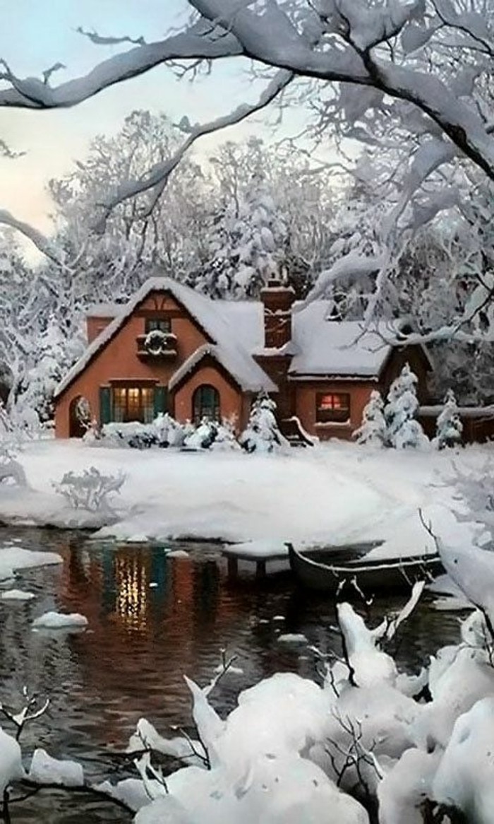 风景如画的冬季风景图片房屋树木湖