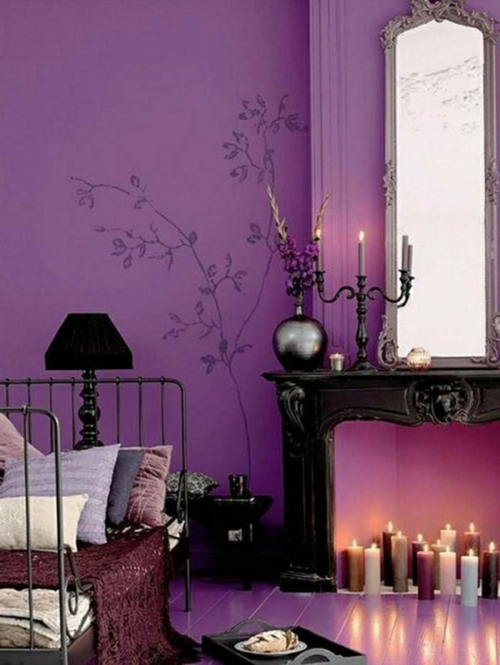 ריהוט ערבי סגול קיר לקשט קיר מדבקות פרחים נרות מיטה עם כריות רבות נרות בהירים