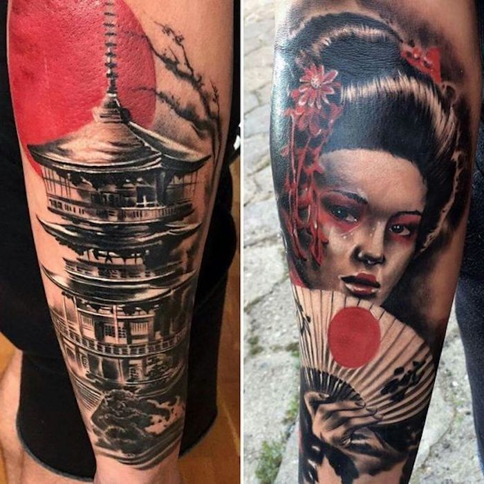 tatouage japonais, soleil rouge, maison, femme aux cheveux noirs