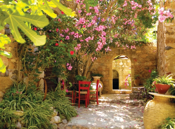 הים התיכון-גן-שולחן עם כיסאות - צמחים
