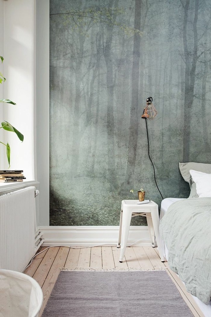 minimalistinen makuuhuone sisustus fancy-wanddeko-naturales-tapetti suunnittelun