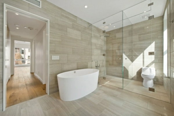 极简主义坏玻璃淋浴房，瓷砖，木光学