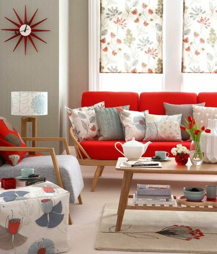 דפוס ציוד מודרני עם מוטיבים פרחוניים צבעונים-מעניינת אדומים שולחן סלון עץ ספה שעונה-אדום קיר