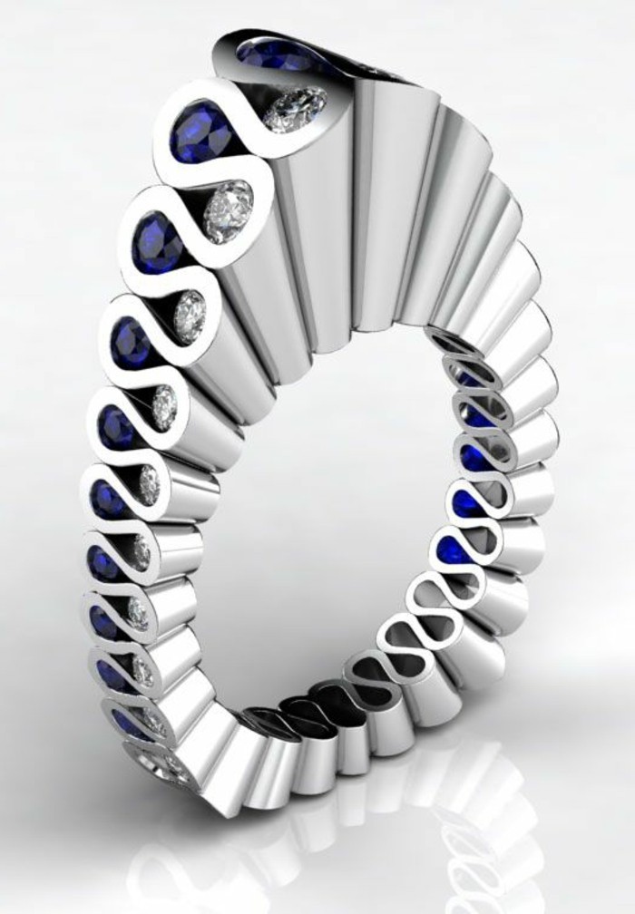 铂金镶钻蓝宝石现代结婚戒指模型