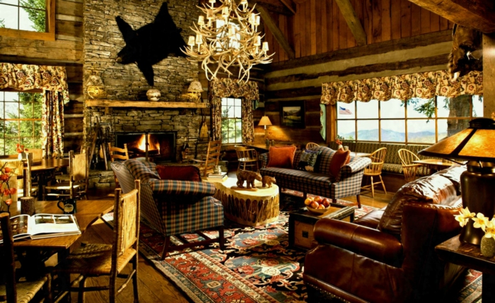 现代的乡间别墅的家具山寨空间质朴的壁炉真皮沙发鹿角吊灯