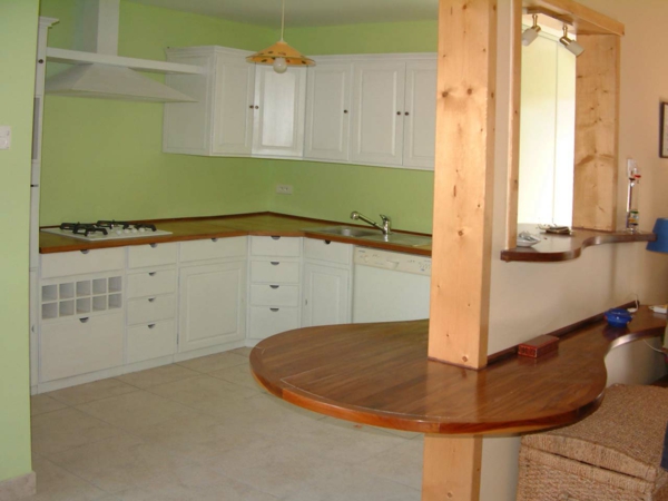 έγχρωμο σχέδιο για την κουζίνα - λευκά ντουλάπια πράσινο τοίχο ξύλινα συστατικά
