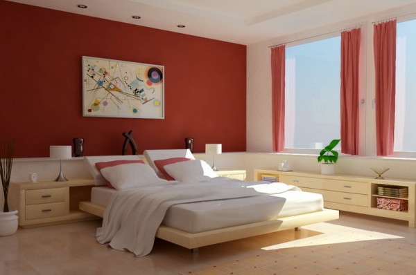 pared moderna de color para el dormitorio con una cama grande y sábanas blancas