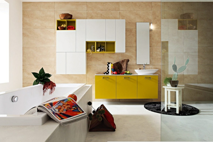 חדר רחצה פנים מודרני צהוב-ארון אביזרים-אמבטיה-דקו-רעיונות קקטוס