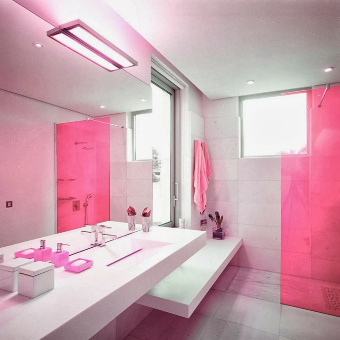 आधुनिक बाथरूम minimalist सेटअप-गुलाबी लहजे-सरल-बाथरूम-सजाने विचारों