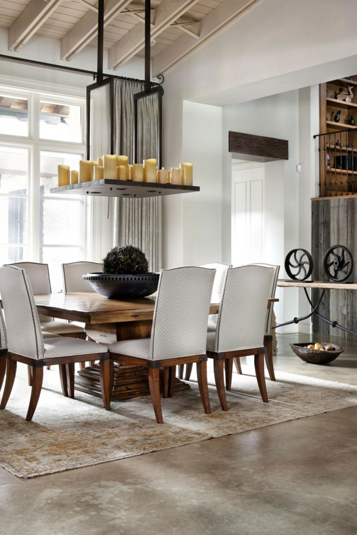 modern belső és rusztikus elemekkel-bútor-country stílusú étkezőasztal Elegáns székek textil sok gyertya