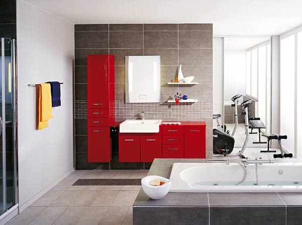 现代浴室设计建立的想法 - 红 - 柜