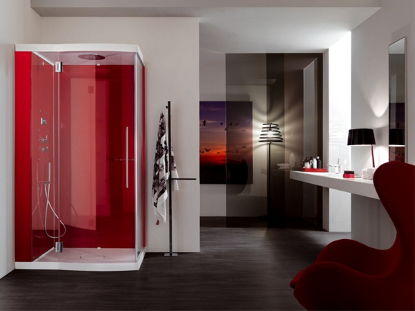 现代浴室 - 红色淋浴间和典雅的客房设计