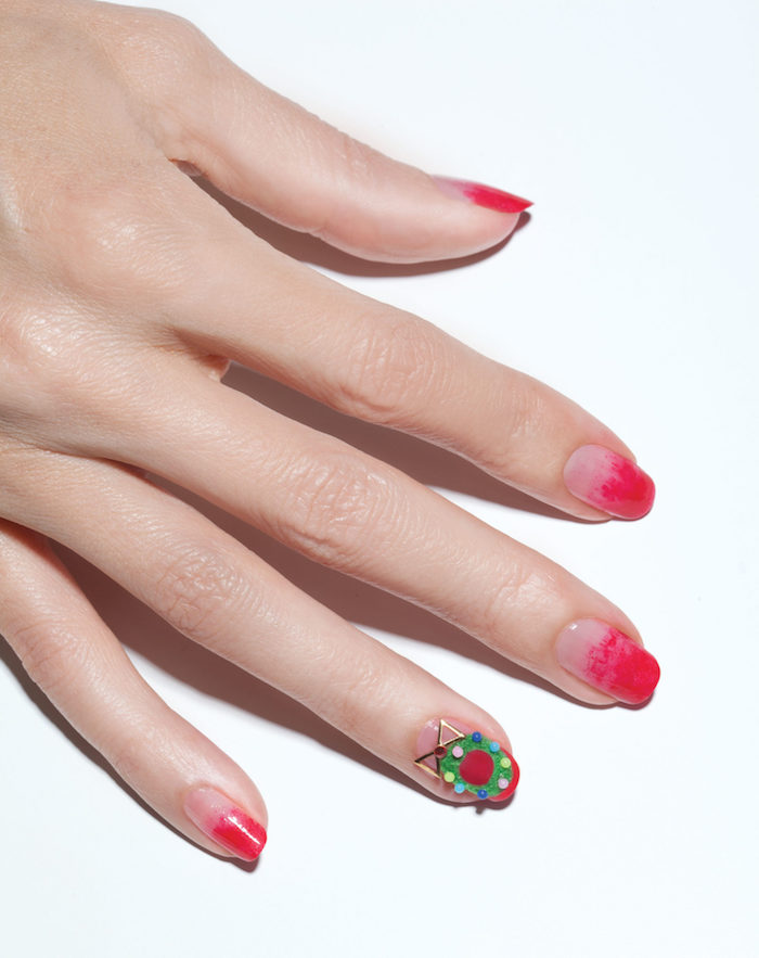 圣诞节钉子设计理念圣诞节红色绿色花圈装饰ombre钉子的指甲设计